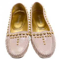 Pre Owned Prada Beige Studded Patent Leather Moccasins Size 38