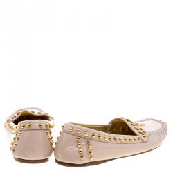 Pre Owned Prada Beige Studded Patent Leather Moccasins Size 38