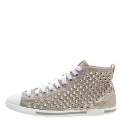Pre Owned Prada Sport Gold Studded Glitter and Leather High Top Sneakers Size 38.5