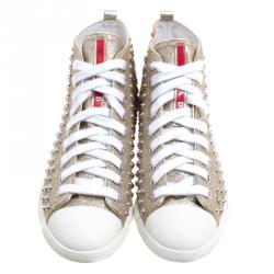Pre Owned Prada Sport Gold Studded Glitter and Leather High Top Sneakers Size 38.5