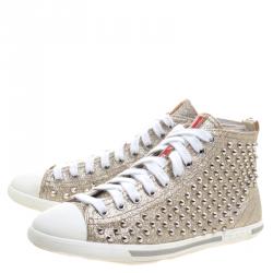 Pre Owned Prada Sport Gold Studded Glitter and Leather High Top Sneakers Size 38.5