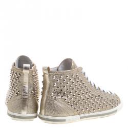 Pre Owned Prada Sport Gold Studded Glitter and Leather High Top Sneakers Size 38.5