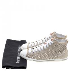 Pre Owned Prada Sport Gold Studded Glitter and Leather High Top Sneakers Size 38.5