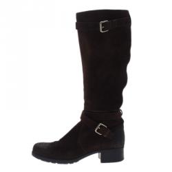 Pre Owned Prada Sport Brown Suede and Leather Double Buckle Knee Boots Size 37