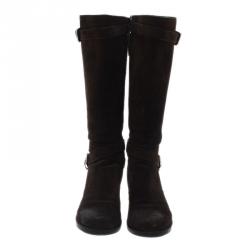 Pre Owned Prada Sport Brown Suede and Leather Double Buckle Knee Boots Size 37