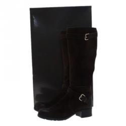 Pre Owned Prada Sport Brown Suede and Leather Double Buckle Knee Boots Size 37