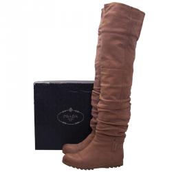Pre Owned Prada Sport Brown Leather Slouched Over The Knee Boots Size 37
