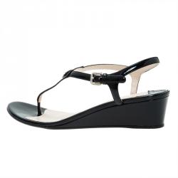 Pre Owned Prada Black Leather Logo Wedge Sandals Size 38.5