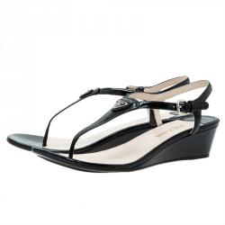 Pre Owned Prada Black Leather Logo Wedge Sandals Size 38.5