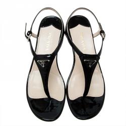 Pre Owned Prada Black Leather Logo Wedge Sandals Size 38.5