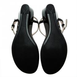 Pre Owned Prada Black Leather Logo Wedge Sandals Size 38.5