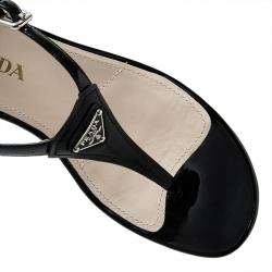 Pre Owned Prada Black Leather Logo Wedge Sandals Size 38.5