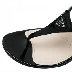Pre Owned Prada Black Leather Logo Wedge Sandals Size 38.5