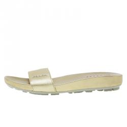 Pre Owned Prada Sport Gold Saffiano Leather Slides Size 38