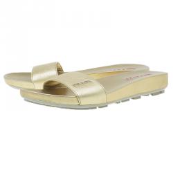 Pre Owned Prada Sport Gold Saffiano Leather Slides Size 38
