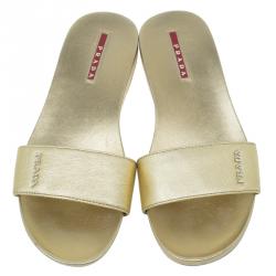 Pre Owned Prada Sport Gold Saffiano Leather Slides Size 38