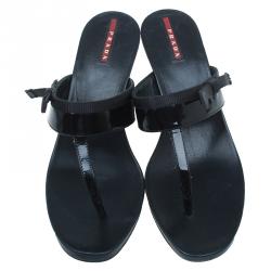 Pre Owned Prada Sport Black Patent Leather Thong Wedge Sandals Size 40