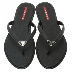 Pre Owned Prada Sport Black Crosshatched Thong Sandals Size 36