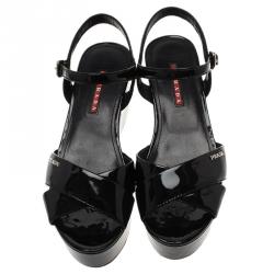 Pre Owned Prada Sport Black Patent Cross Strap Platform Sandals Size 38