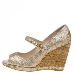 Pre Owned Prada Sport Gold Glitter Mary Jane Wedge Pumps Size 36