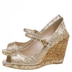 Pre Owned Prada Sport Gold Glitter Mary Jane Wedge Pumps Size 36