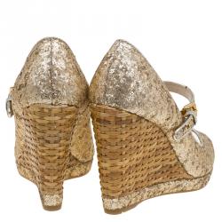 Pre Owned Prada Sport Gold Glitter Mary Jane Wedge Pumps Size 36