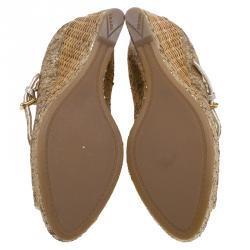 Pre Owned Prada Sport Gold Glitter Mary Jane Wedge Pumps Size 36