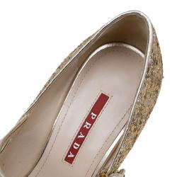 Pre Owned Prada Sport Gold Glitter Mary Jane Wedge Pumps Size 36