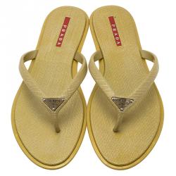 Pre Owned Prada Sport Gold Crosshatched Thong Sandals Size 38