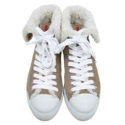 Prada Sport Beige Suede and Faux Fur High Top Sneakers Size 39