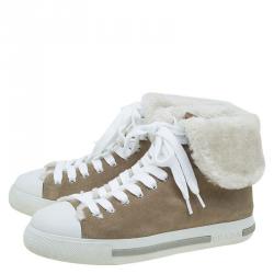 Prada Sport Beige Suede and Faux Fur High Top Sneakers Size 39