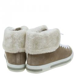 Prada Sport Beige Suede and Faux Fur High Top Sneakers Size 39