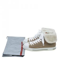 Prada Sport Beige Suede and Faux Fur High Top Sneakers Size 39