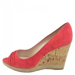 Prada Sport Red Suede Open Toe Cork Wedge Pumps Size 41