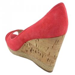 Prada Sport Red Suede Open Toe Cork Wedge Pumps Size 41
