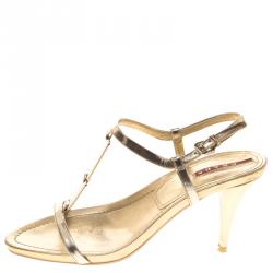 Pre Owned Prada Sport Gold Metallic Leather T Strap Sandals Size 37.5