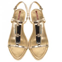 Pre Owned Prada Sport Gold Metallic Leather T Strap Sandals Size 37.5