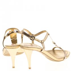 Pre Owned Prada Sport Gold Metallic Leather T Strap Sandals Size 37.5