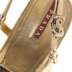 Pre Owned Prada Sport Gold Metallic Leather T Strap Sandals Size 37.5