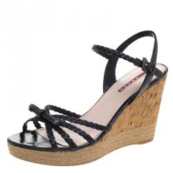 Pre Owned Prada Sport Black Braided Leather Espadrille Wedge Sandals Size 40.5
