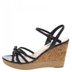 Pre Owned Prada Sport Black Braided Leather Espadrille Wedge Sandals Size 40.5