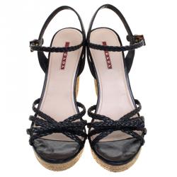 Pre Owned Prada Sport Black Braided Leather Espadrille Wedge Sandals Size 40.5