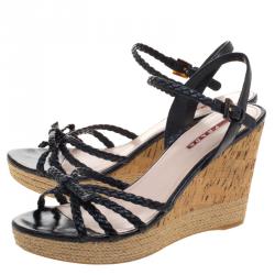 Pre Owned Prada Sport Black Braided Leather Espadrille Wedge Sandals Size 40.5