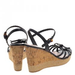 Pre Owned Prada Sport Black Braided Leather Espadrille Wedge Sandals Size 40.5