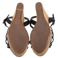 Pre Owned Prada Sport Black Braided Leather Espadrille Wedge Sandals Size 40.5