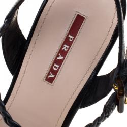 Pre Owned Prada Sport Black Braided Leather Espadrille Wedge Sandals Size 40.5