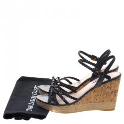 Pre Owned Prada Sport Black Braided Leather Espadrille Wedge Sandals Size 40.5