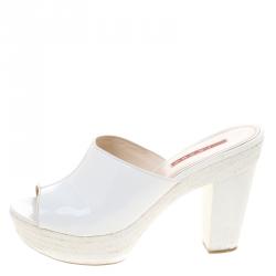Pre Owned Prada Sport White Patent Leather Espadrille Platform Clogs Size 37