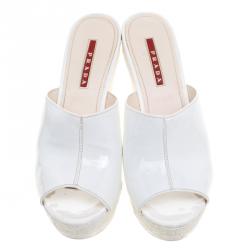 Pre Owned Prada Sport White Patent Leather Espadrille Platform Clogs Size 37