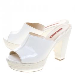 Pre Owned Prada Sport White Patent Leather Espadrille Platform Clogs Size 37